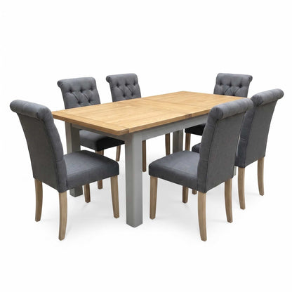 ‘Lewis’ Rectangular 160cm Extending Dining Table with Anthracite Grey Fabric Set of 6 Button Back Chairs