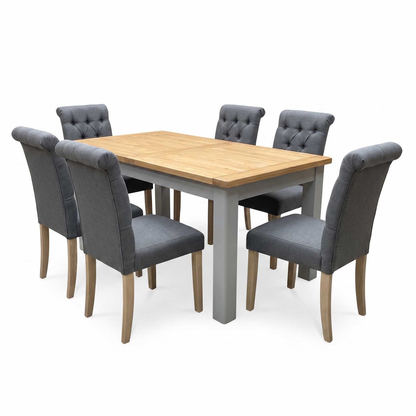 ‘Lewis’ Rectangular 160cm Extending Dining Table with Anthracite Grey Fabric Set of 6 Button Back Chairs