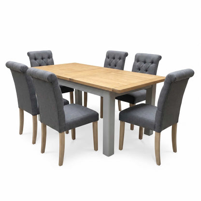 ‘Lewis’ Rectangular 160cm Extending Dining Table with Anthracite Grey Fabric Set of 6 Button Back Chairs