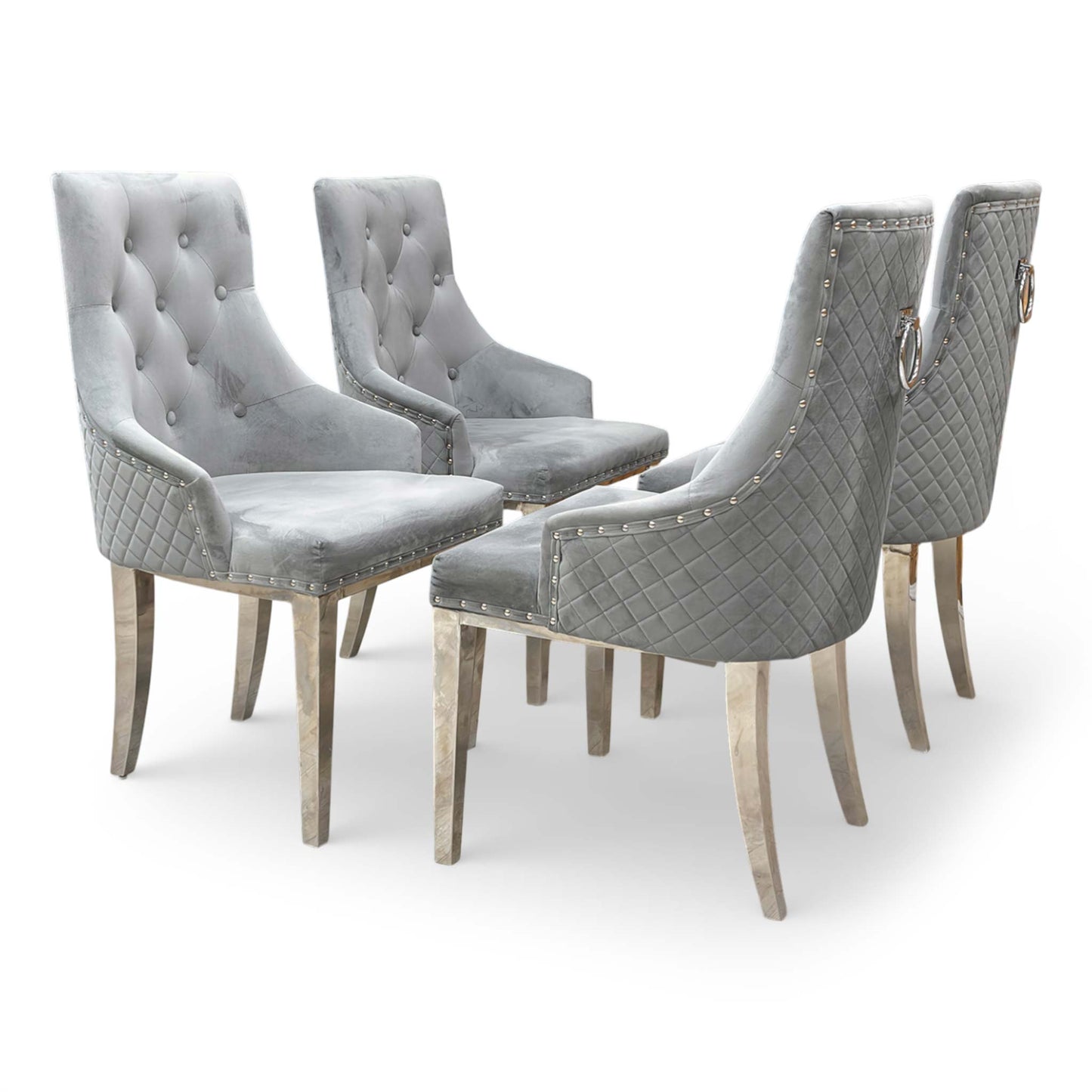 Full view of the ‘Dolce’ Grey Velvet Button Back Dining Chairs in a set of 4.