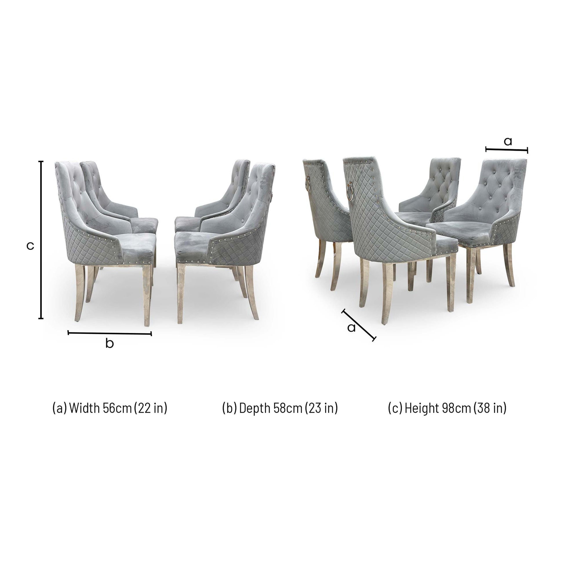 Dimensions for the Furniture Village ‘Dolce’ Grey Velvet Button Back Dining Chair.