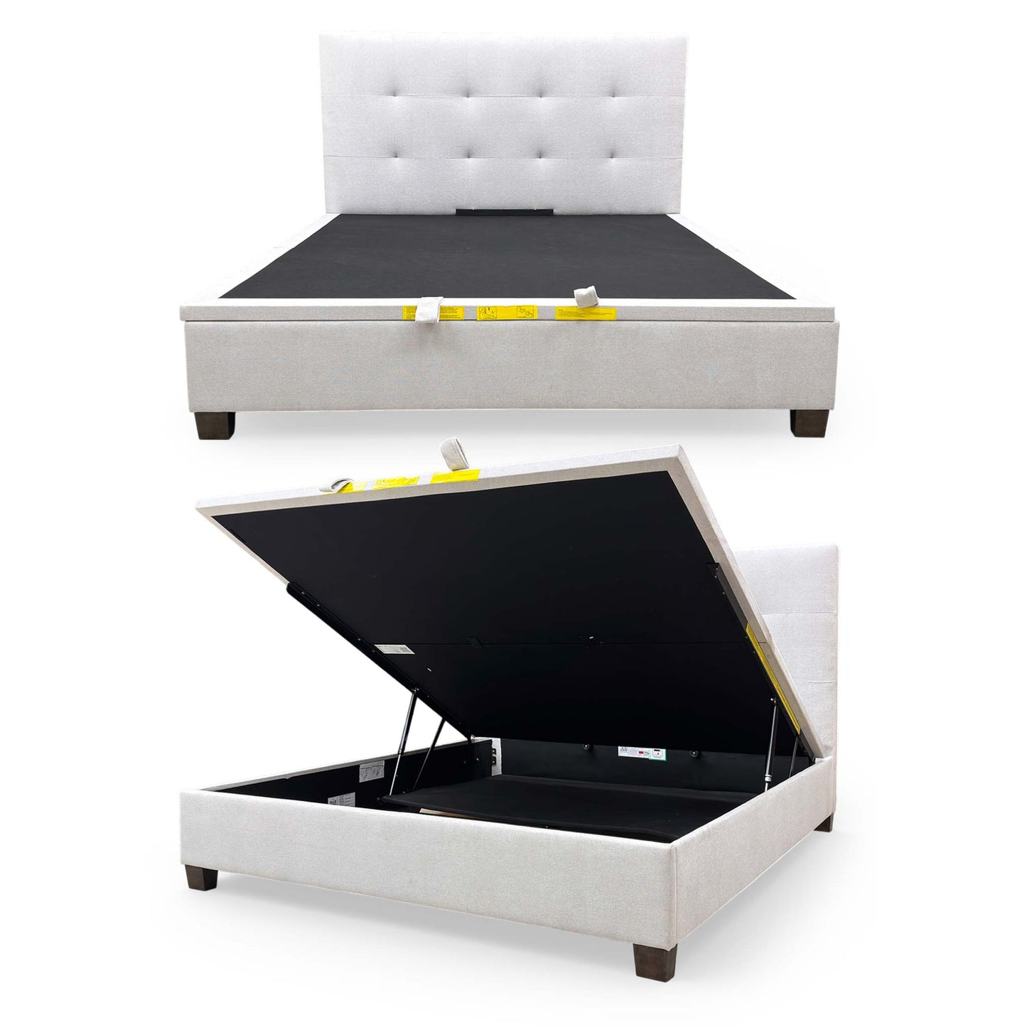 Full view of the Furniture Village ‘Hadley’ Super King Ottoman Bed Frame upholstered in textured oatmeal fabric with a tall, button-quilted headboard.