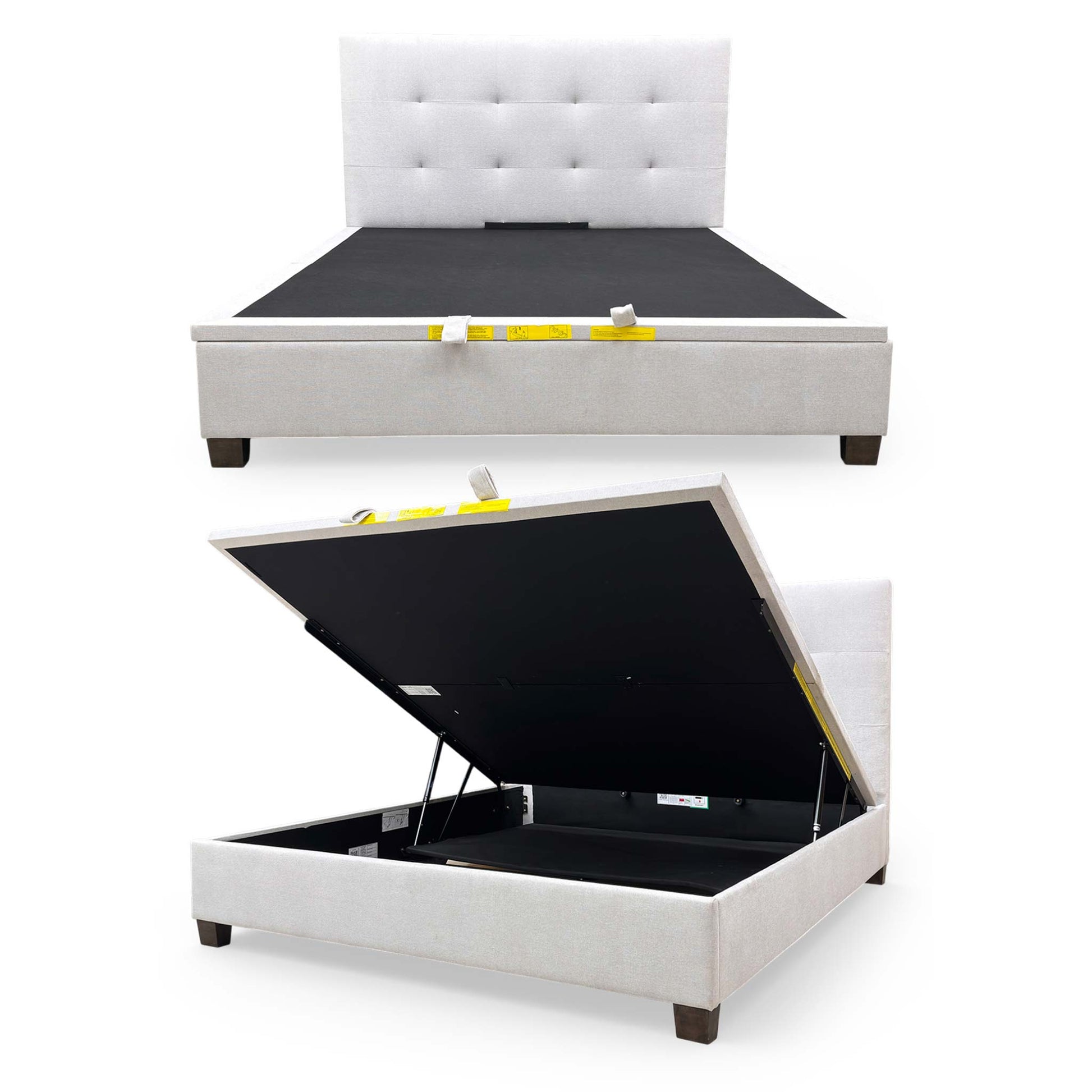 Full view of the Furniture Village ‘Hadley’ Super King Ottoman Bed Frame upholstered in textured oatmeal fabric with a tall, button-quilted headboard.