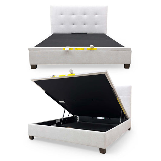Full view of the Furniture Village ‘Hadley’ Super King Ottoman Bed Frame upholstered in textured oatmeal fabric with a tall, button-quilted headboard.