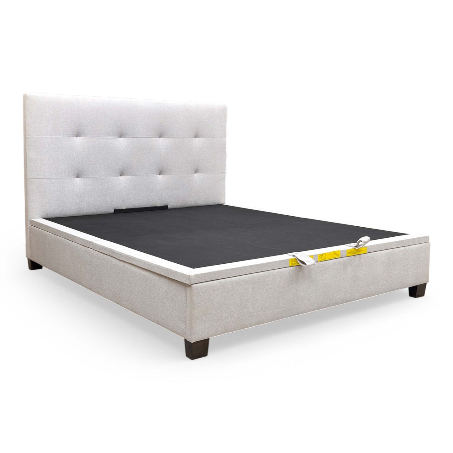 Side View of the bed's footboard and base, showing the seamless upholstery and sturdy construction of the ottoman frame.