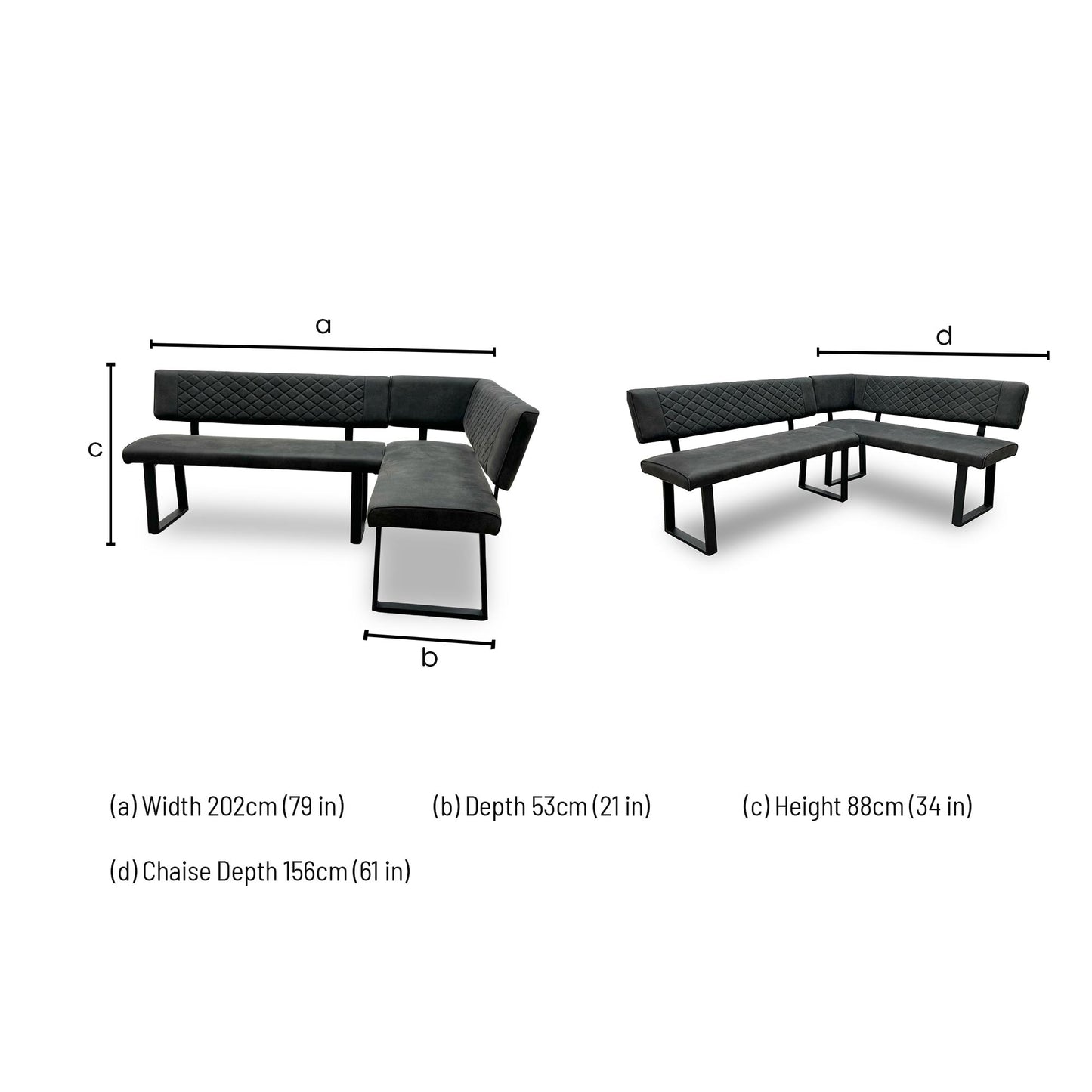 Dimensions for the ‘Warrior’ Grey Fabric Right Hand Facing Corner Dining Bench.