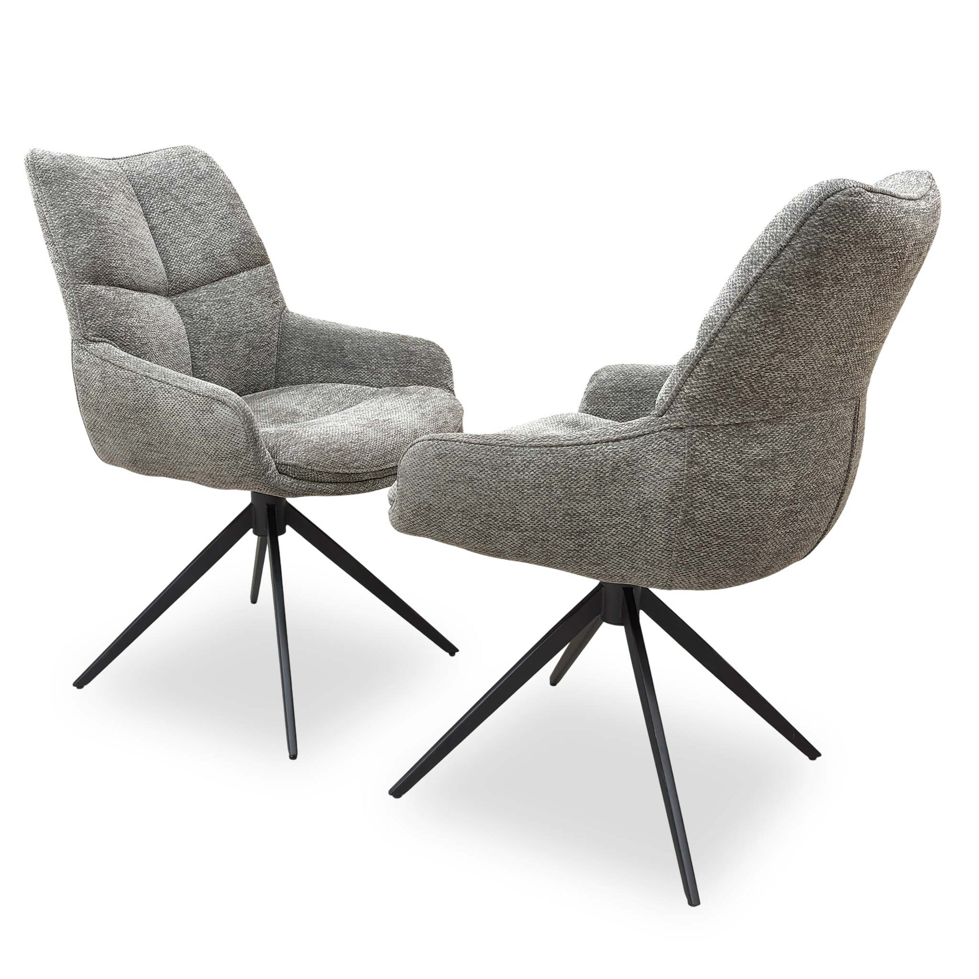 Pair of Kiara Ash fabric swivel dining chairs in light grey with 360-degree swivel base.