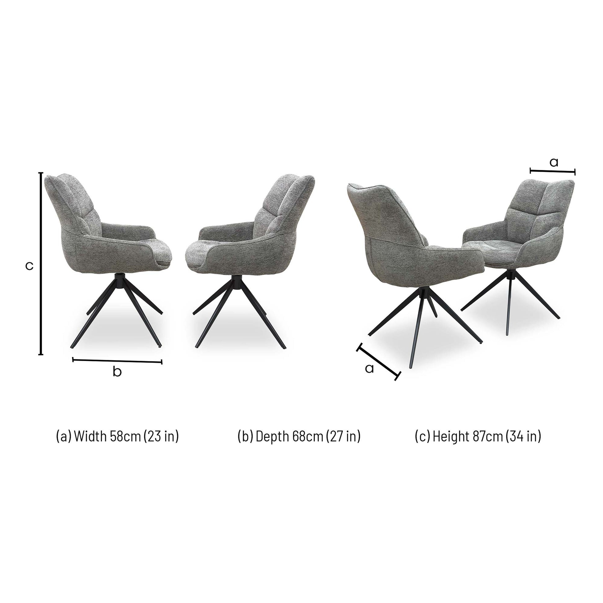 Dimensions for the Kiara Ash Fabric Swivel Dining Chair.