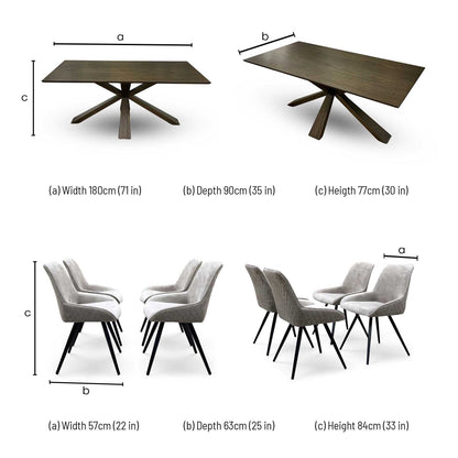 'Saigon' Dark Oak Veneer Wood Fixed Dining Table with Wooden Base & Granite Grey velvet Fabric Set of 4 Dining Chairs