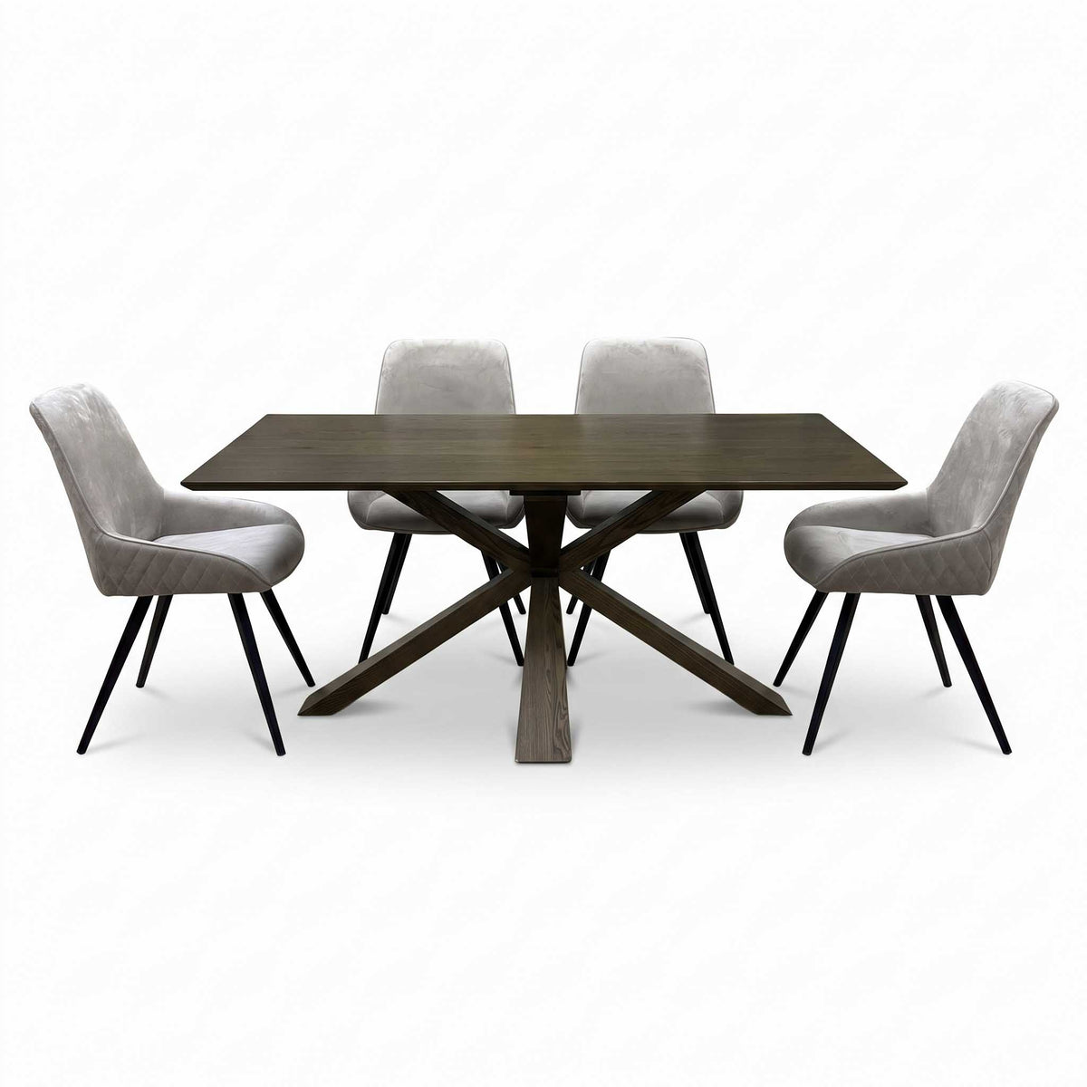'Saigon' Dark Oak Veneer Wood Fixed Dining Table with Wooden Base & Granite Grey velvet Fabric Set of 4 Dining Chairs