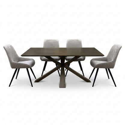 'Saigon' Dark Oak Veneer Wood Fixed Dining Table with Wooden Base & Granite Grey velvet Fabric Set of 4 Dining Chairs