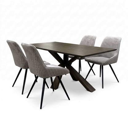 'Saigon' Dark Oak Veneer Wood Fixed Dining Table with Wooden Base & Granite Grey velvet Fabric Set of 4 Dining Chairs