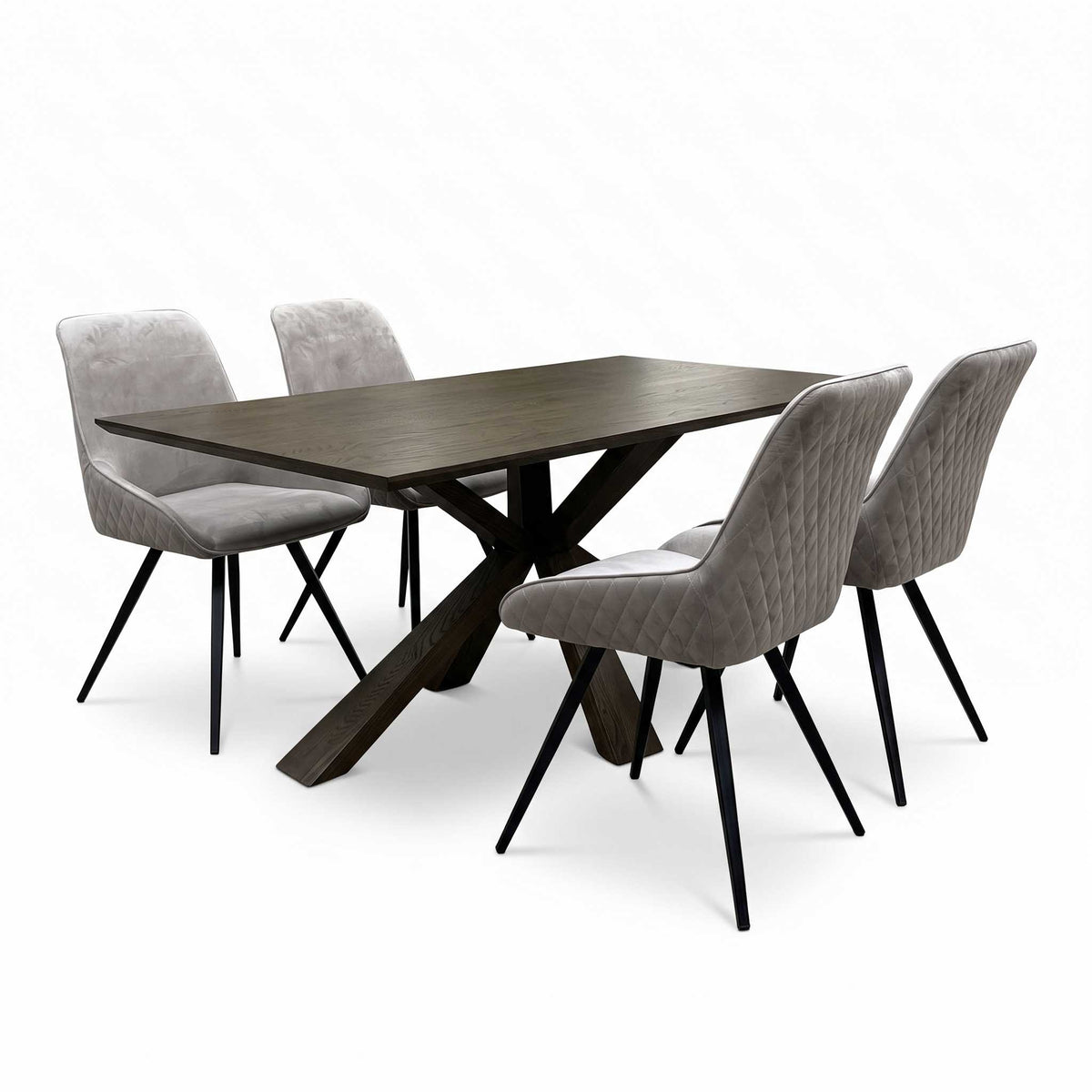 'Saigon' Dark Oak Veneer Wood Fixed Dining Table with Wooden Base & Granite Grey velvet Fabric Set of 4 Dining Chairs