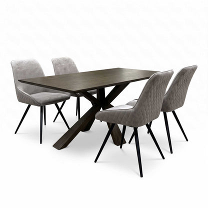 'Saigon' Dark Oak Veneer Wood Fixed Dining Table with Wooden Base & Granite Grey velvet Fabric Set of 4 Dining Chairs