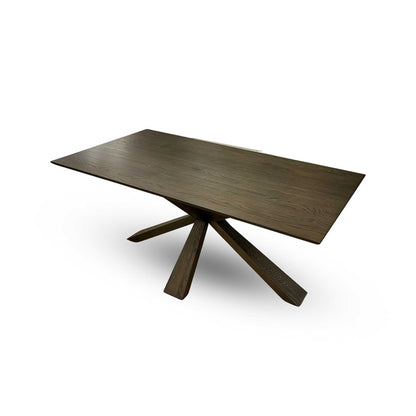'Saigon' Dark Oak Veneer Wood Fixed Dining Table with Wooden Base & Granite Grey velvet Fabric Set of 4 Dining Chairs