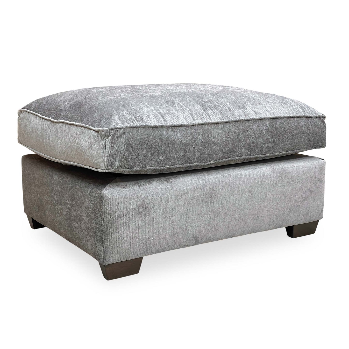 Full view of the ‘Rosie’ Kingston Grey Fabric Footstool featuring a sleek, rectangular design and plush cushioning.