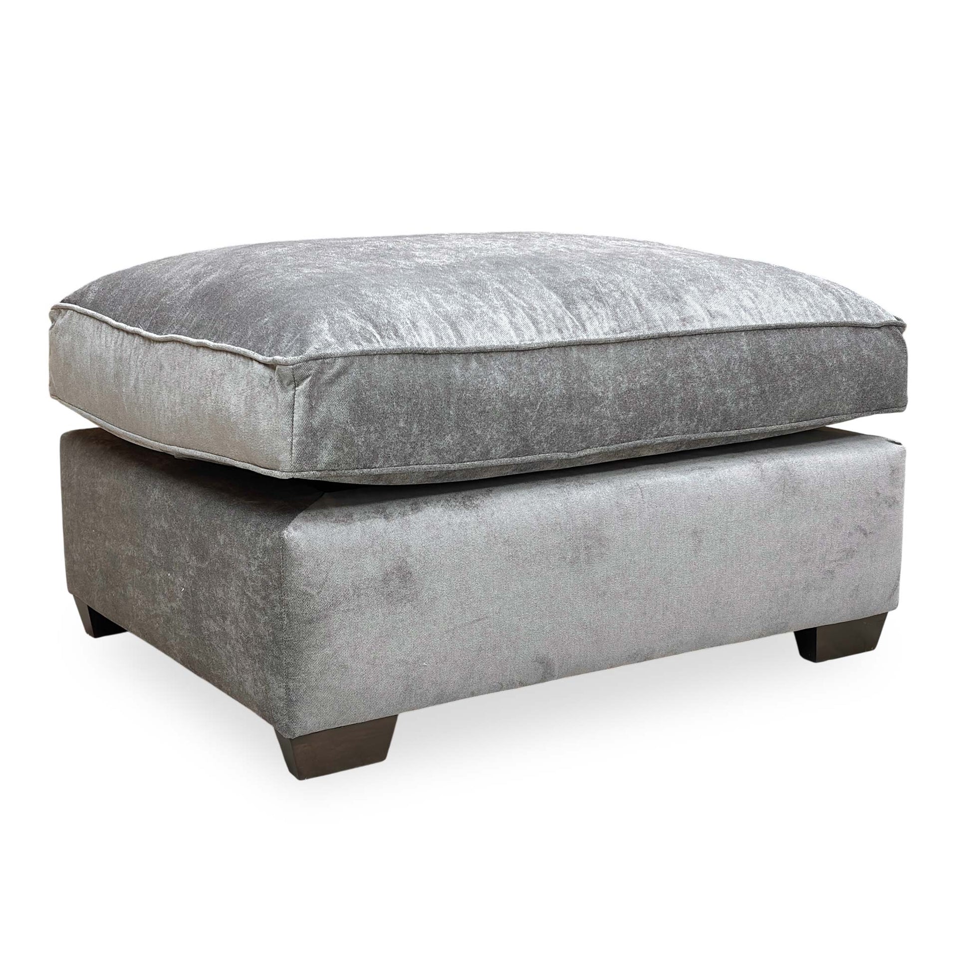 Full view of the ‘Rosie’ Kingston Grey Fabric Footstool featuring a sleek, rectangular design and plush cushioning.