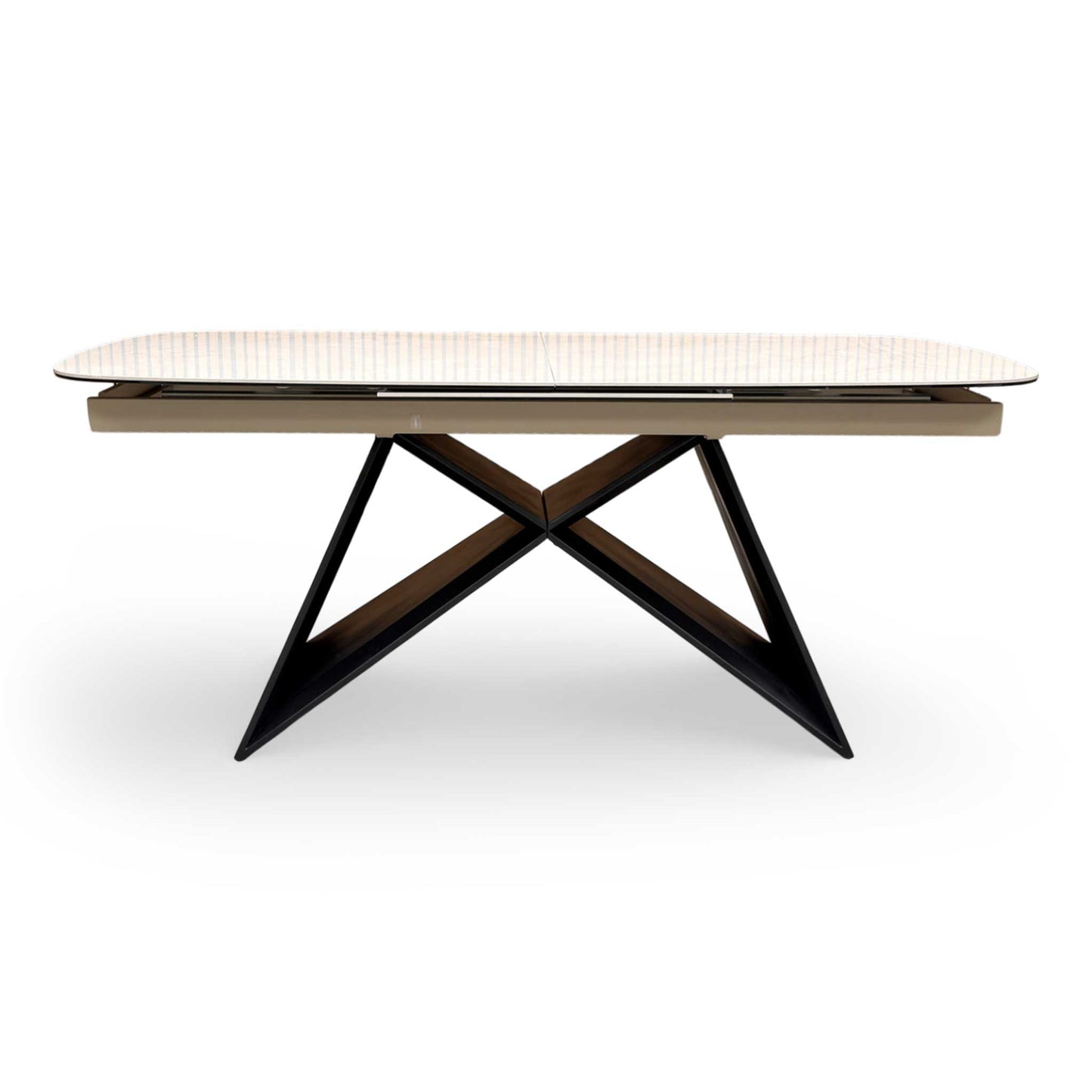 Front view of the ‘Oasis’ 180cm Extending Dining Table featuring a sleek white ceramic top and a modern black metal pedestal base.