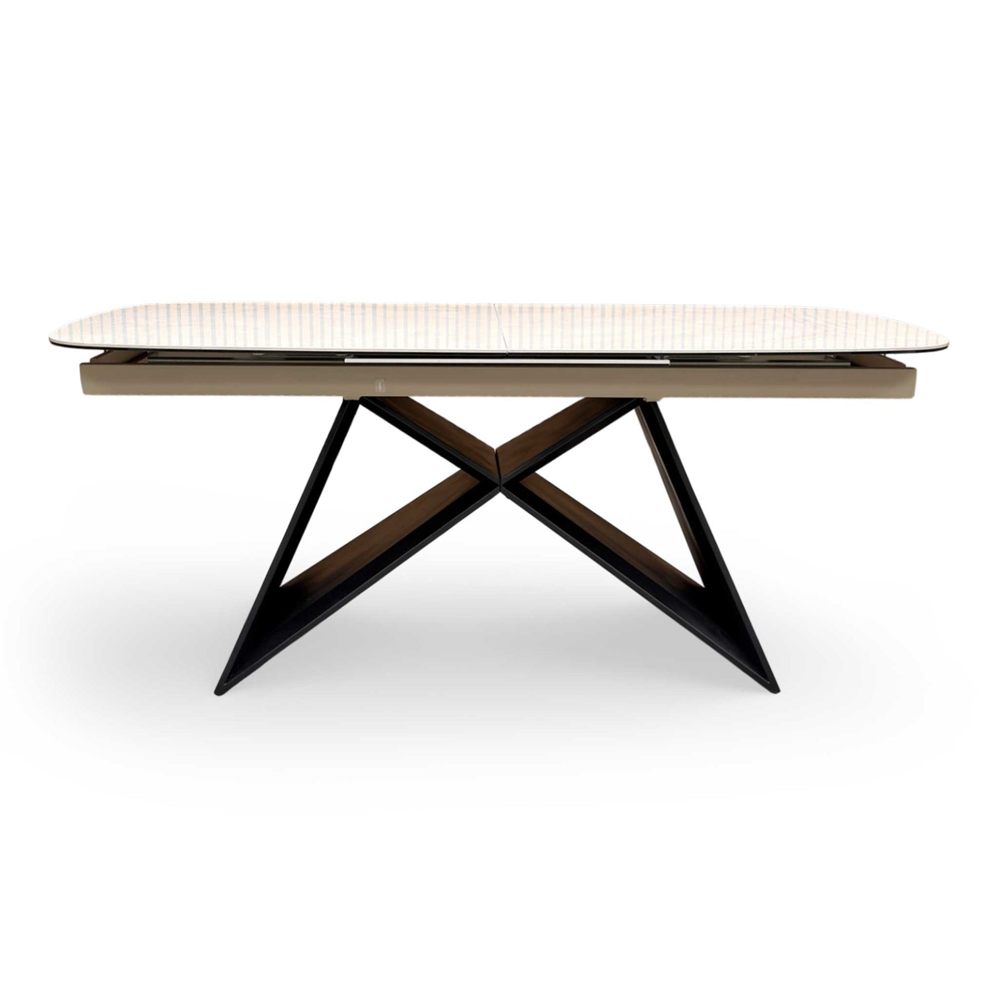 Front view of the ‘Oasis’ 180cm Extending Dining Table featuring a sleek white ceramic top and a modern black metal pedestal base.