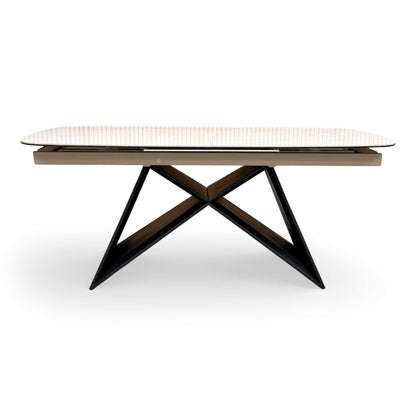 Front view of the ‘Oasis’ 180cm Extending Dining Table featuring a sleek white ceramic top and a modern black metal pedestal base.