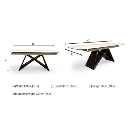 Dimensions for the ‘Oasis’ Ceramic Top 180cm Pop-up Extending Dining Table