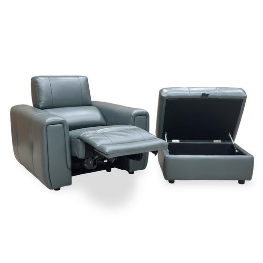 Full view of the ‘Leo’ Lake Green leather power recliner armchair with matching storage footstool.
