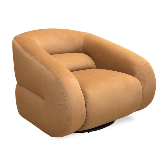 Full view of the ‘Joey’ Caramel Velvet Swivel Accent Chair showing its rounded tub-style silhouette and rich orange-brown fabric.