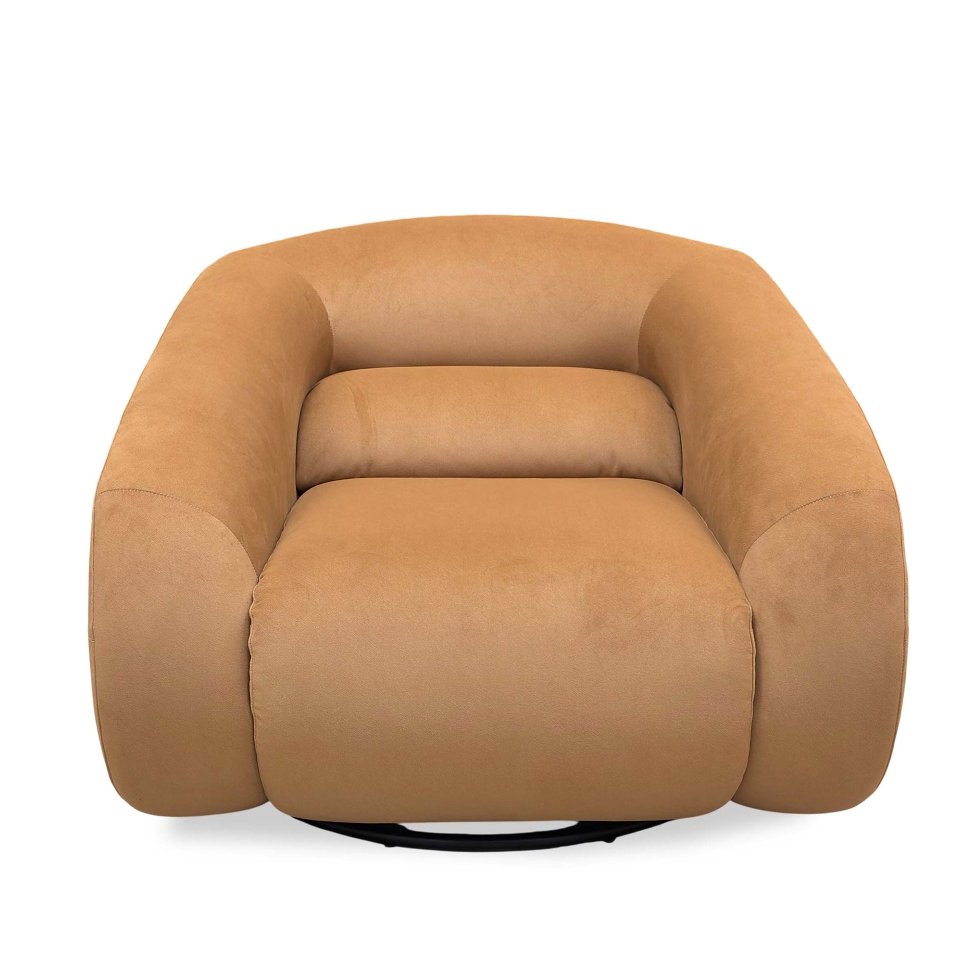 Front view of the ‘Joey’ Caramel Velvet Swivel Accent Chair showing its rounded tub-style silhouette and rich orange-brown fabric.
