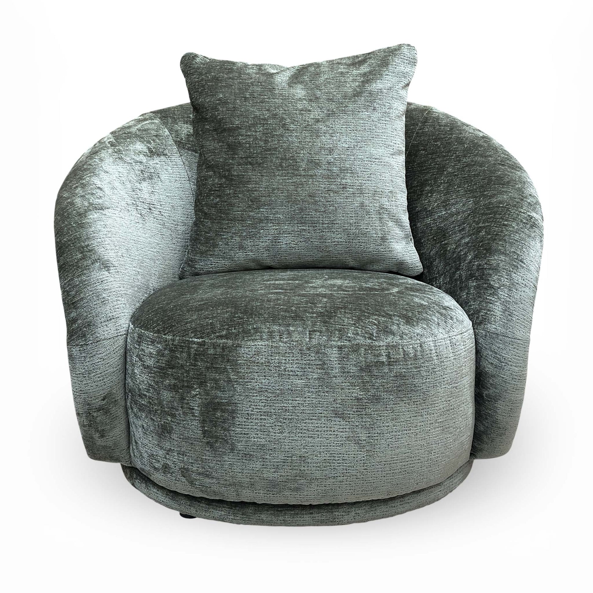 Front view of the ‘Jasper’ moss green chenille fabric accent chair featuring a curved backrest and deep cushioned seat.
