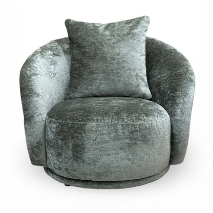 Front view of the ‘Jasper’ moss green chenille fabric accent chair featuring a curved backrest and deep cushioned seat.