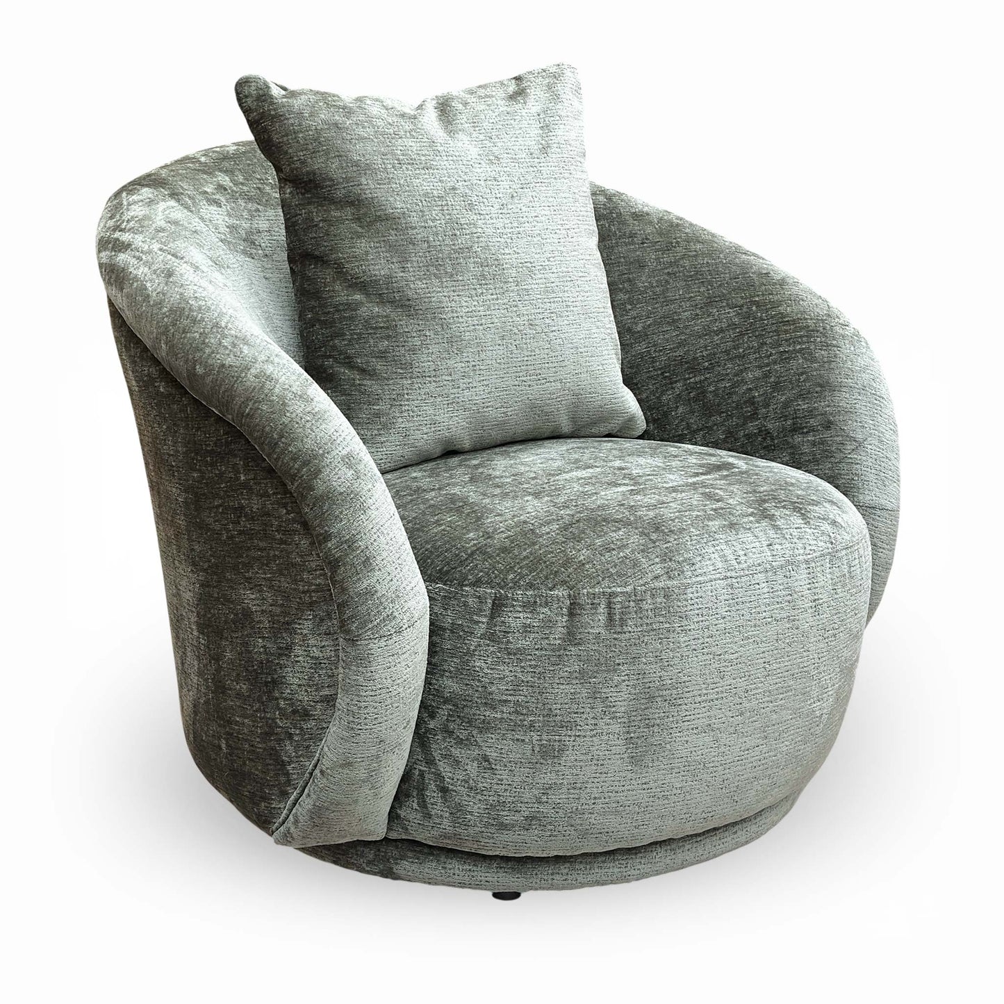 Full view of the ‘Jasper’ moss green chenille fabric accent chair featuring a curved backrest and deep cushioned seat.