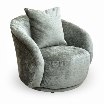 Full view of the ‘Jasper’ moss green chenille fabric accent chair featuring a curved backrest and deep cushioned seat.