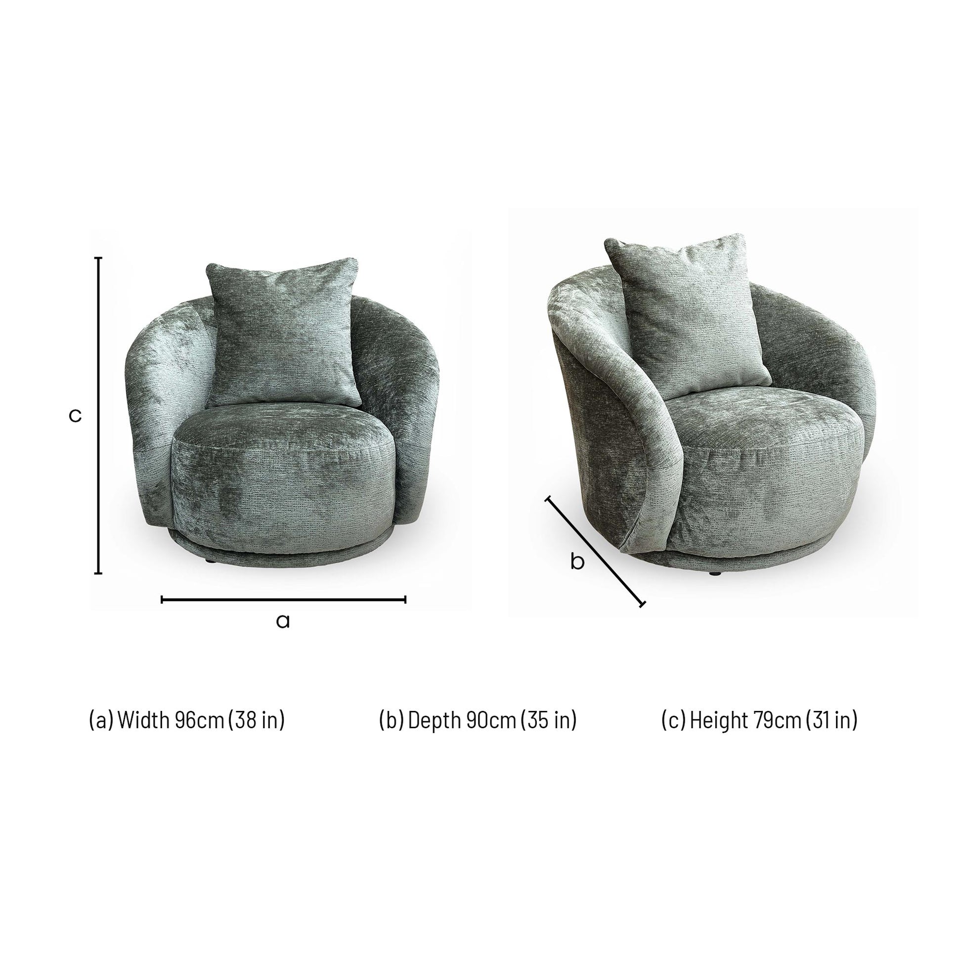 Dimensions for the ‘Jasper’ Moss Green Chenille Fabric Accent Chair.