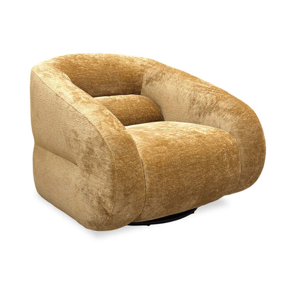 Full view of the ‘James’ Mustard Chenille Fabric Swivel Accent Chair featuring a curved silhouette and textured finish.