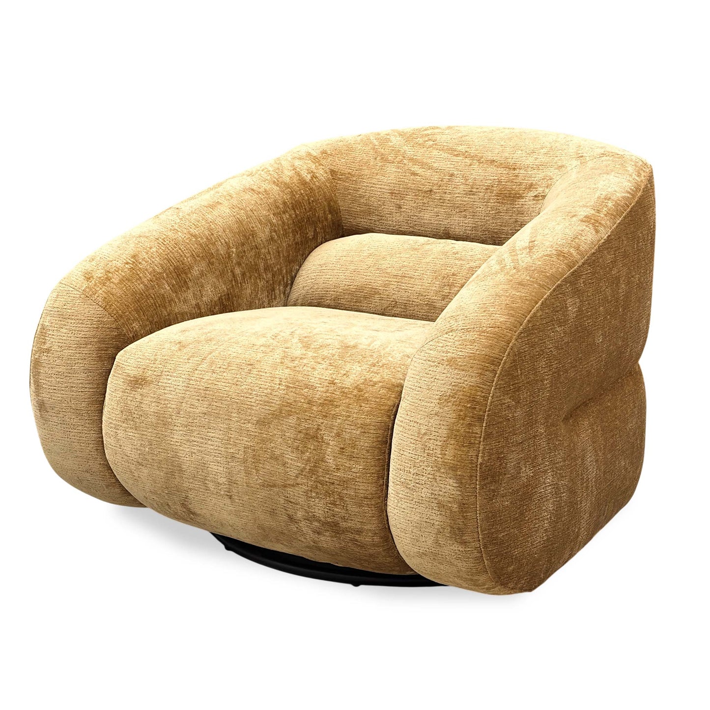 Side view of the ‘James’ chair showcasing the elegant wrap-around backrest and uniform mustard chenille coverage.