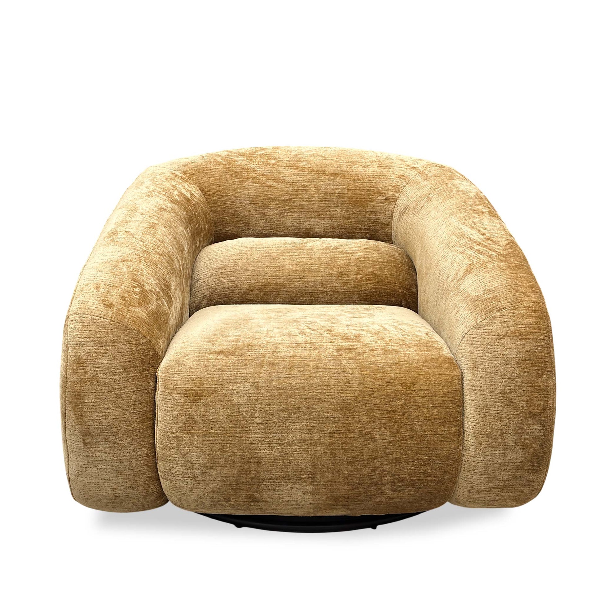 Front view of the ‘James’ Mustard Chenille Fabric Swivel Accent Chair featuring a curved silhouette and textured finish.