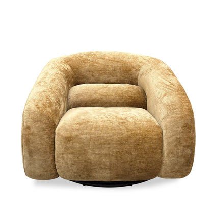 Front view of the ‘James’ Mustard Chenille Fabric Swivel Accent Chair featuring a curved silhouette and textured finish.