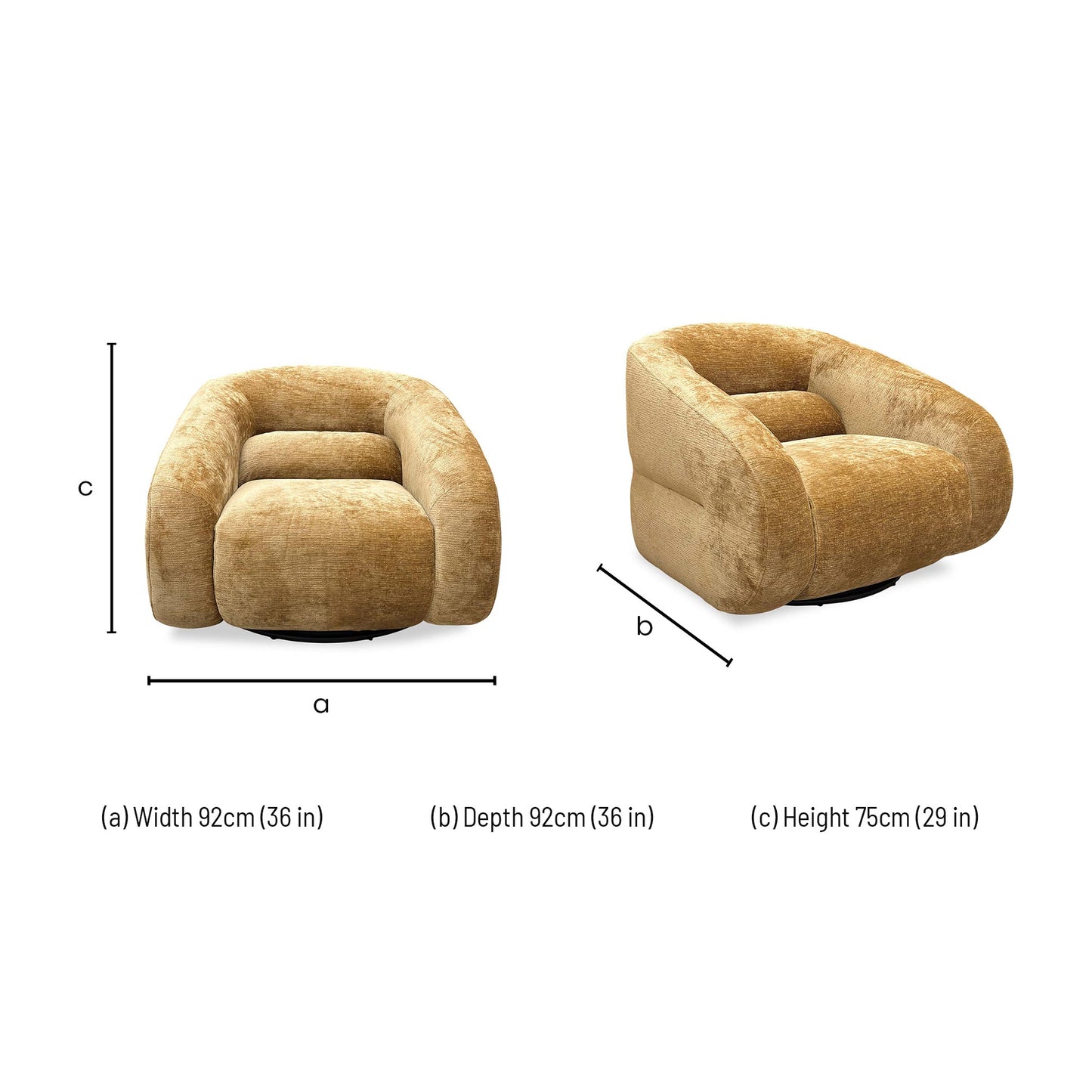 Dimensions for the ‘James’ Mustard Chenille Fabric Swivel Accent Chair.