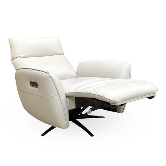 Full view of the ‘Francisco’ grey leather power recliner swivel armchair with adjustable headrest.