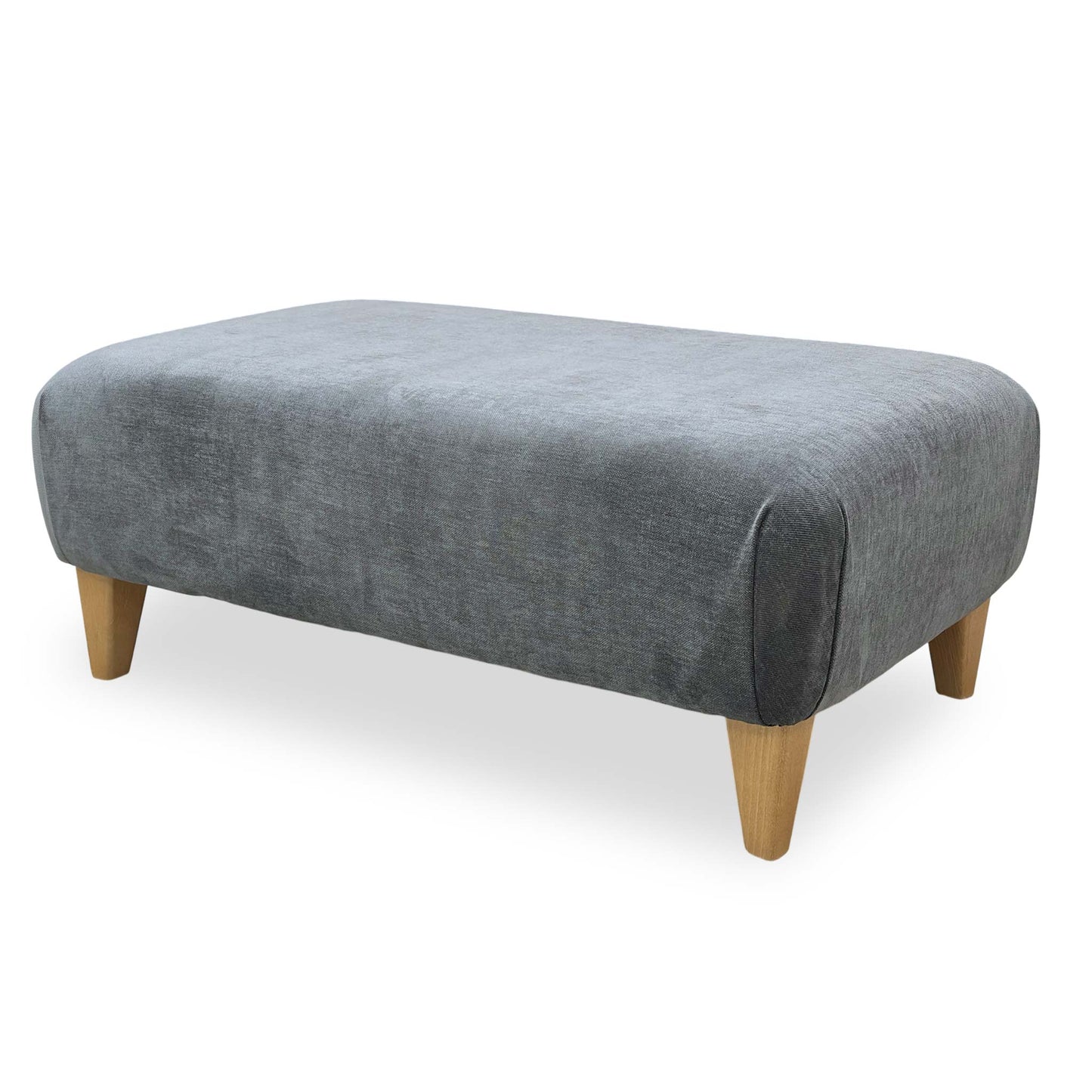 Perspective view of the footstool focusing on the corner stitching and premium tailoring details.