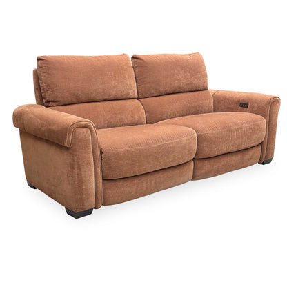 Front view of the ‘Nixon’ Fab-Can-R500 3-seater power recliner sofa in caramel fabric, showing the plush cushioning and contemporary design.