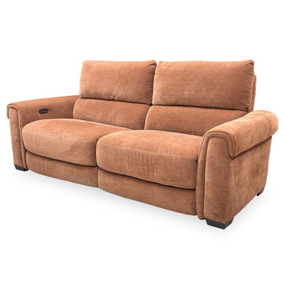 Front view of the ‘Nixon’ Fab-Can-R500 3-seater power recliner sofa in caramel fabric, showing the plush cushioning and contemporary design.