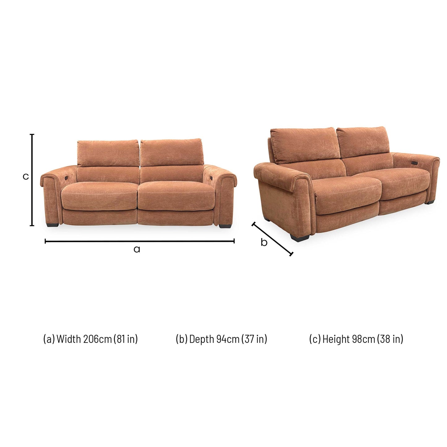 Dimensions for the ‘Nixon’ Fab-Can-R500 Caramel Fabric 3 Seater Power Recliner Sofa.