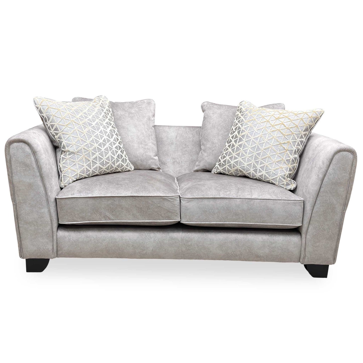 Front view of the Joseph James ‘Mariah’ Dapple Velvet 2-seater scatter back sofa in cream.