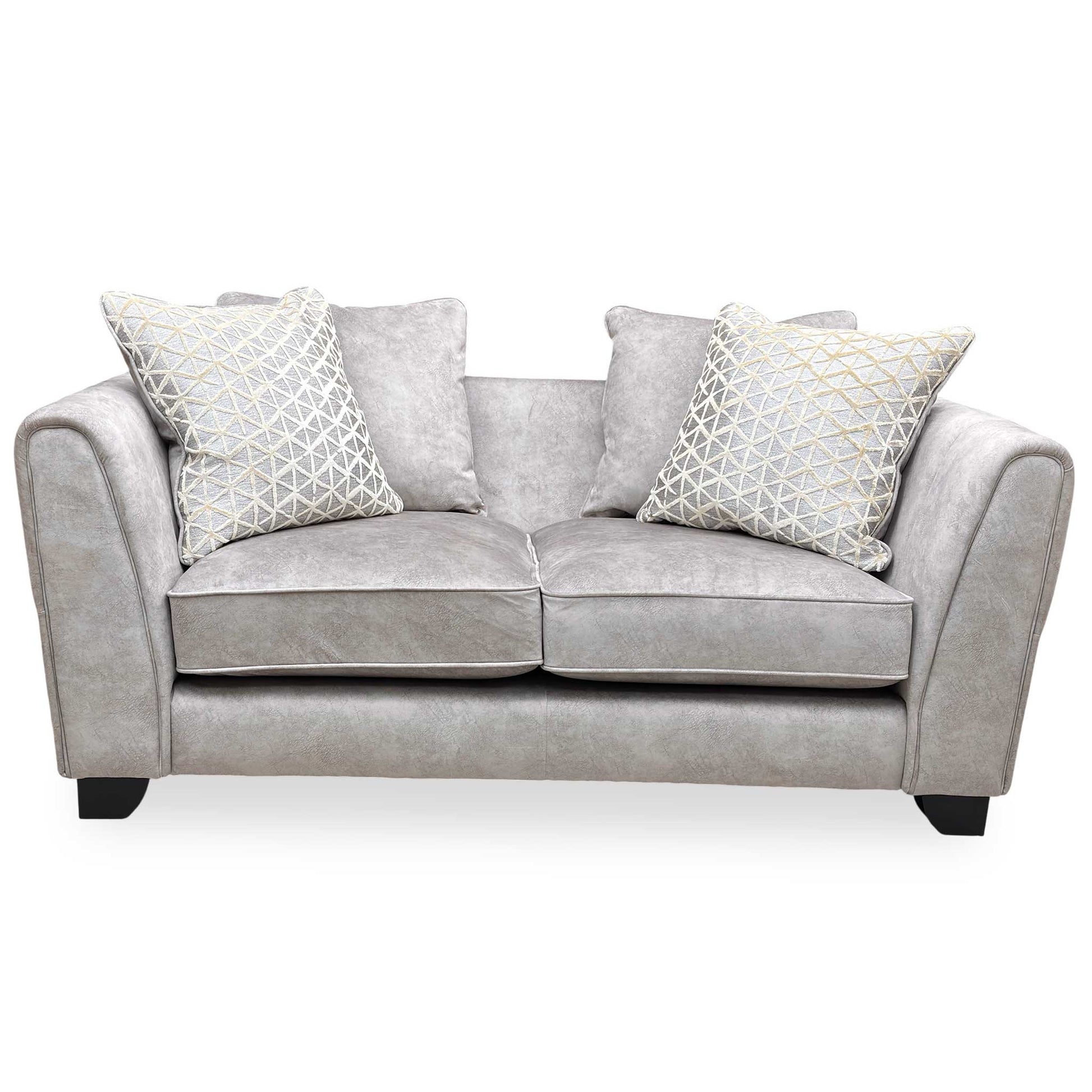 Front view of the Joseph James ‘Mariah’ Dapple Velvet 2-seater scatter back sofa in cream.