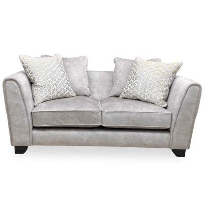 Front view of the Joseph James ‘Mariah’ Dapple Velvet 2-seater scatter back sofa in cream.