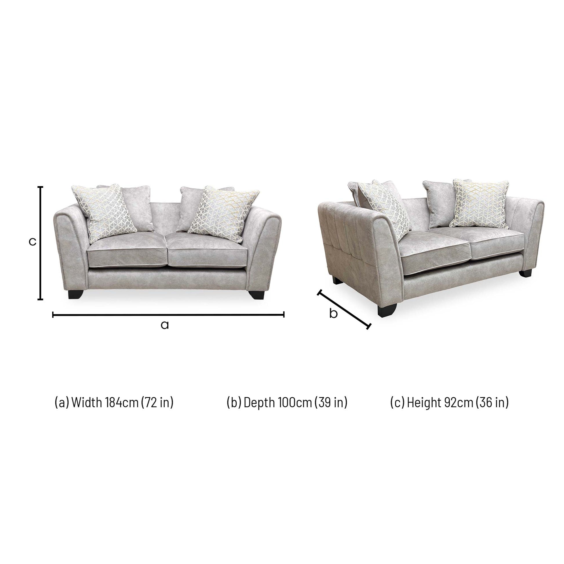 Dimensions for the Joseph James ‘Mariah’ Dapple Velvet Cream 2-Seater Scatter Back Sofa.