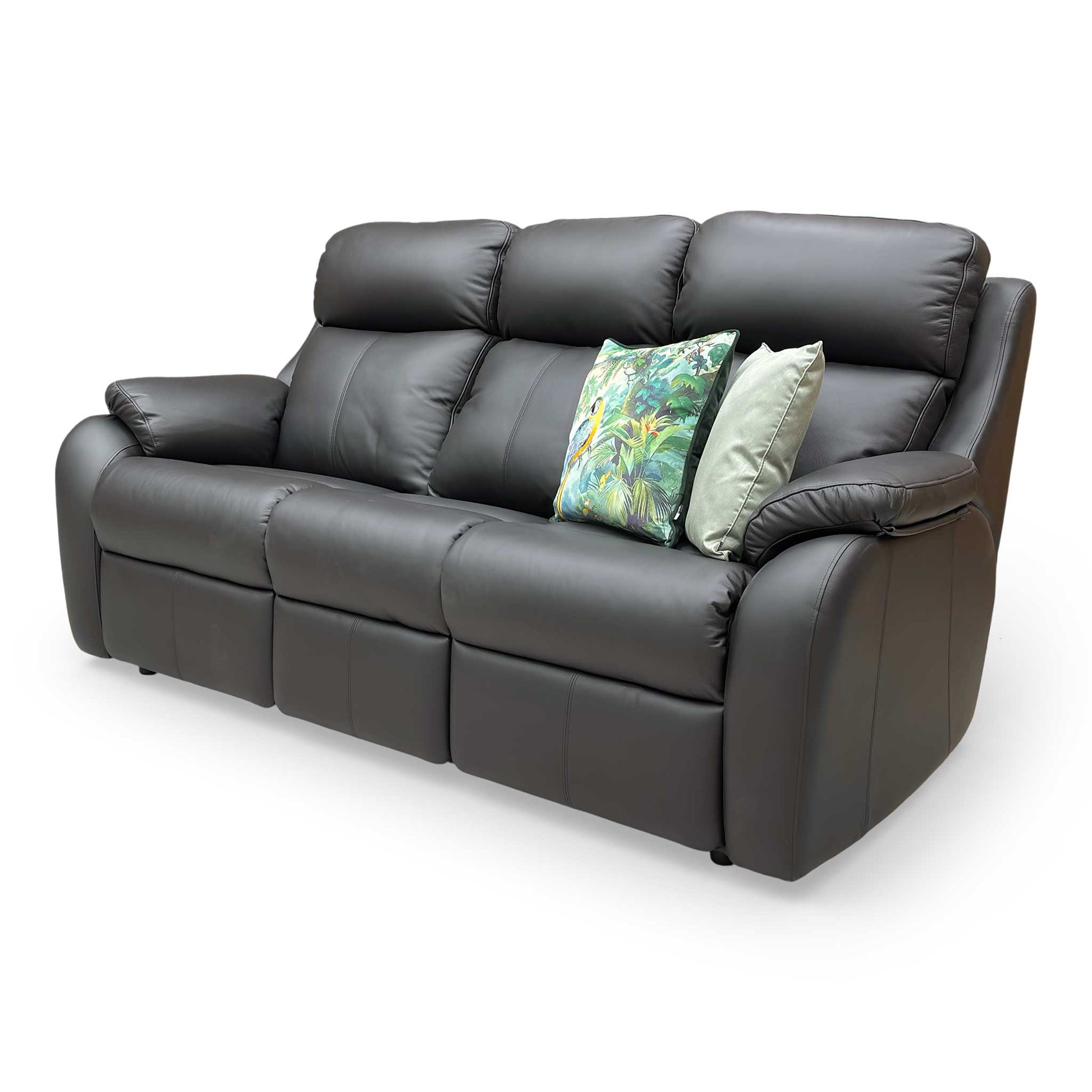 Side view of the Kingsbury black leather sofa, highlighting the shapely side profile and thick, padded armrests.