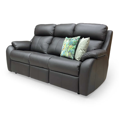 Side view of the Kingsbury black leather sofa, highlighting the shapely side profile and thick, padded armrests.