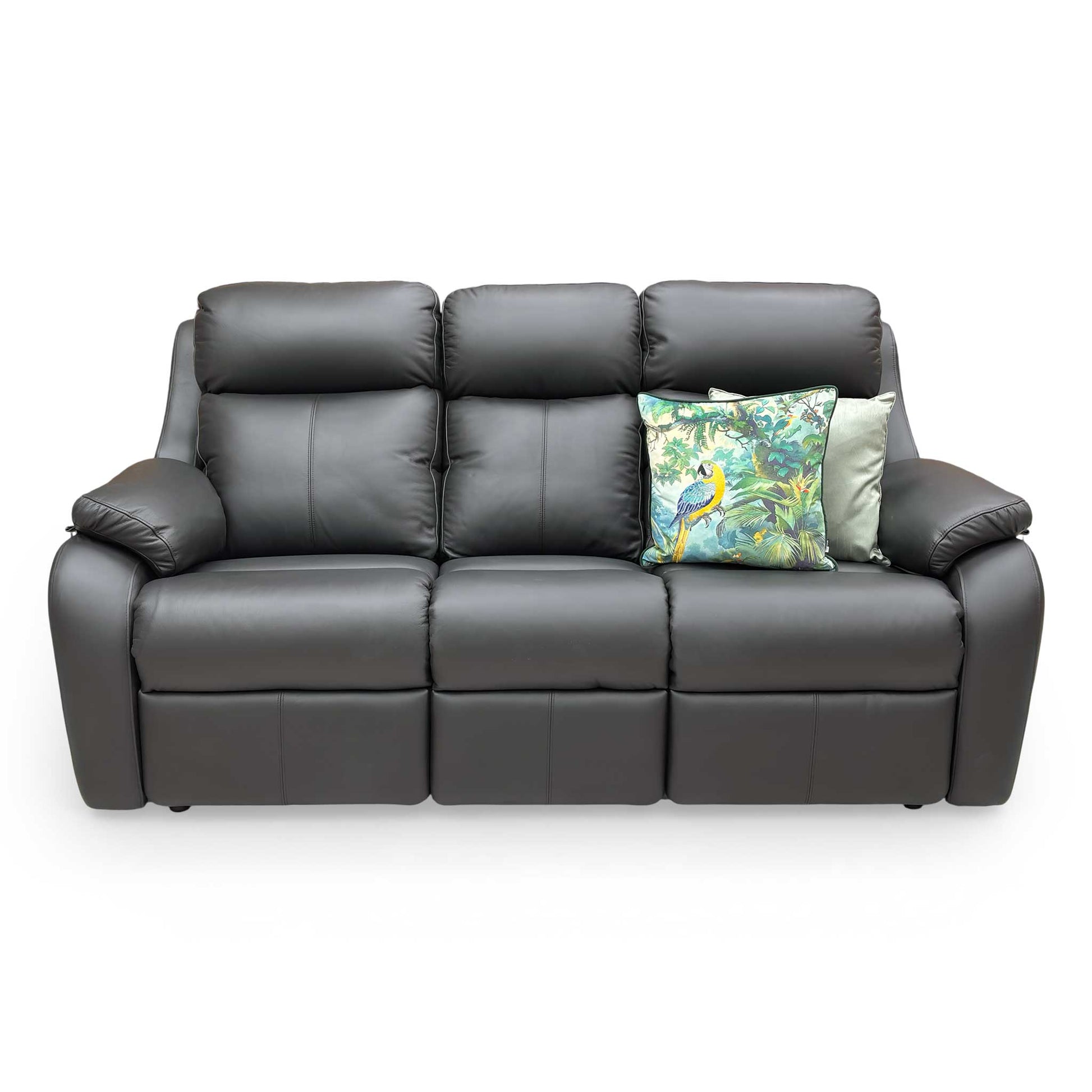 Front view of the sofa emphasizing the deep-filled back cushions and the 'pad-over-chaise' seat design for continuous leg support.